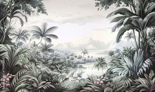 Tropical Exotic Landscape Wallpaper. Hand Drawn Design. Luxury Wall Mural  Generative AI