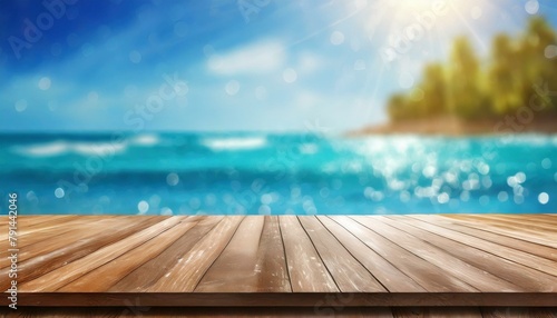 Seaside Inspiration: Wooden Table Top on Blue Sparkling Sea Water