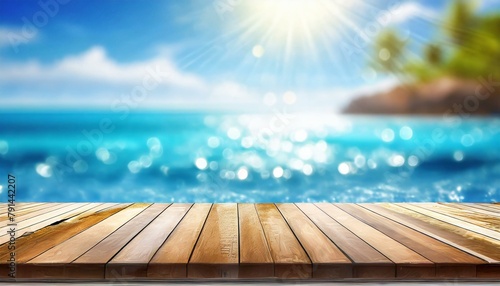 Summer Bliss: Wooden Table Top on Blue Sparkling Sea
