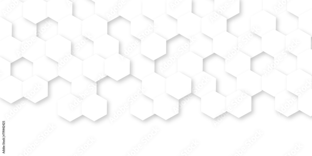 Obraz premium Abstract white background with hexagon and hexagonal background. Luxury white pattern with hexagons. abstract 3d hexagonal background with shadow. 3D futuristic abstract honeycomb mosaic background.