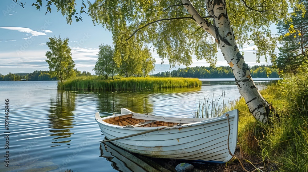 A serene landscape capturing a white, simple wooden boat moored to a birch tree beside a lake in Finland, epitomizing a peaceful summer day at the lake. Ideal for a quiet lake vacation