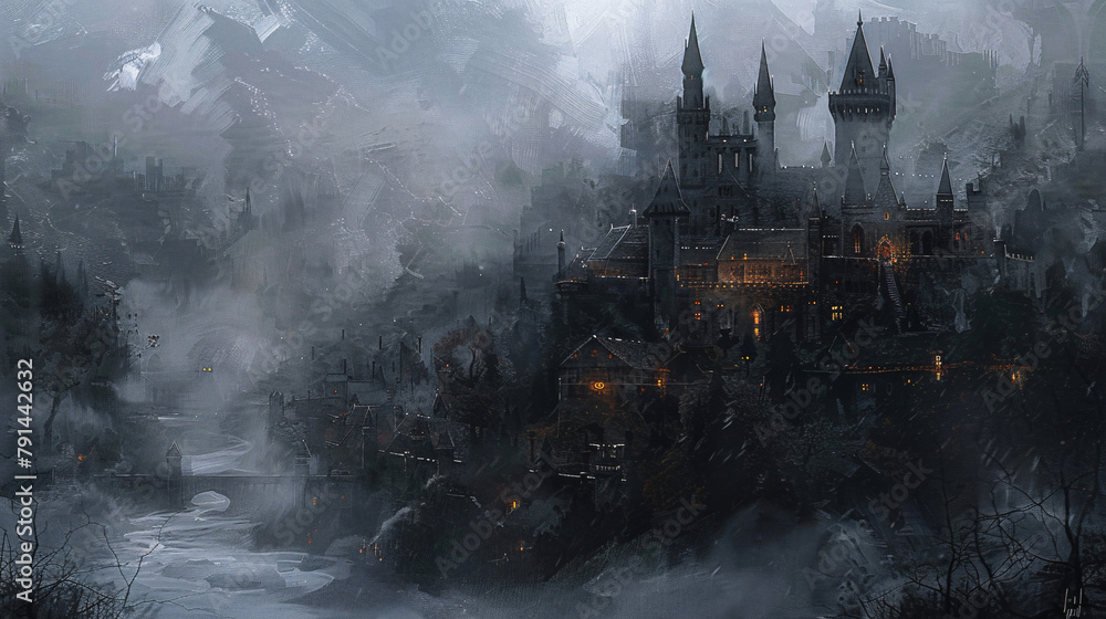 Dark castle and medieval inn in a gloomy epic 