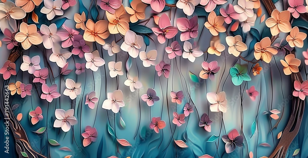 colorful 3d flowers with leaves on a tree illustration background. 3d abstraction wallpaper for Interior mural painting wall art decor. Tree branches leaves with flowers hanging on wall, Generative AI