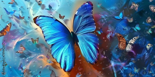 3d modern art mural wallpaper with blue butterfly, Generative AI