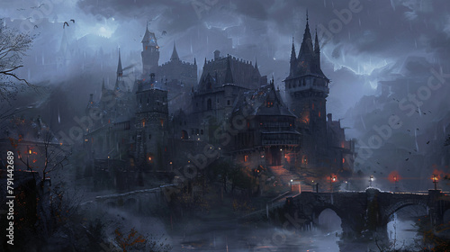 Dark castle and medieval inn in a gloomy epic 