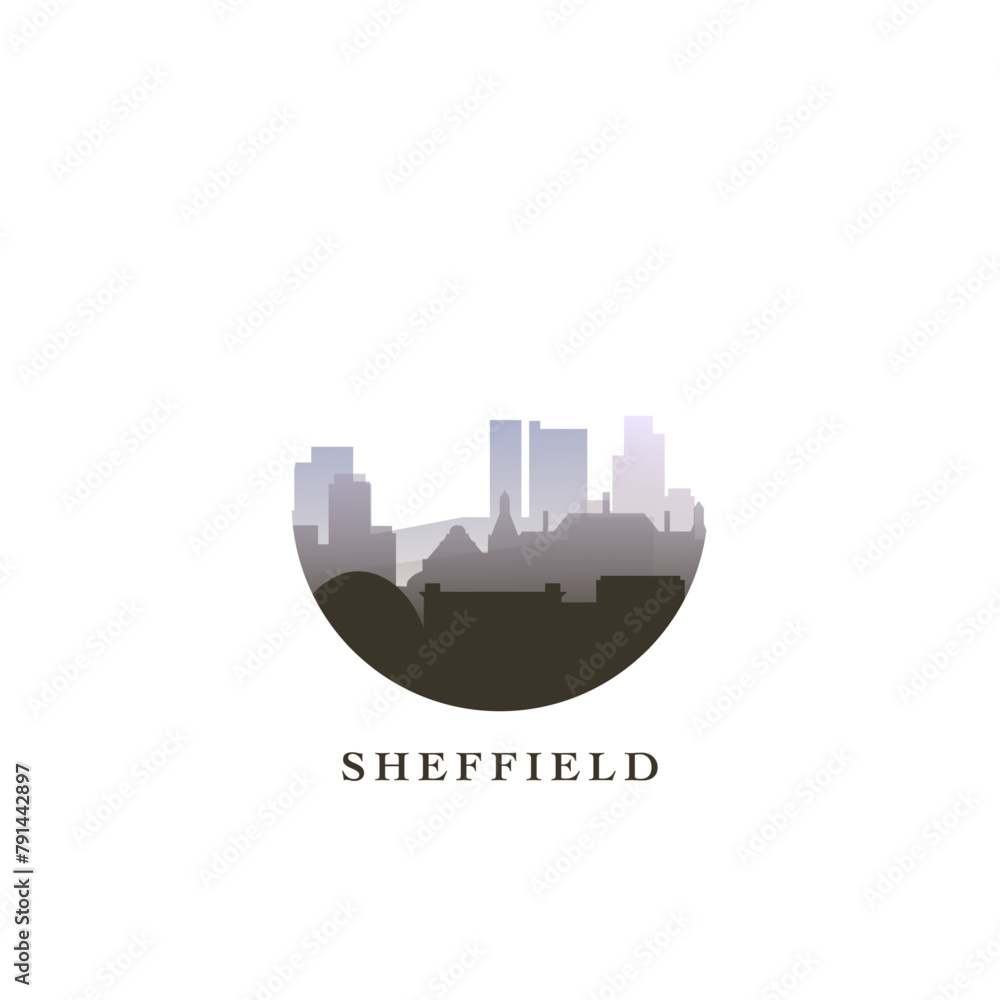 Uk Sheffield cityscape, gradient vector badge, flat skyline logo, icon. England, United Kingdom city round emblem idea with landmarks and building silhouettes. Isolated graphic