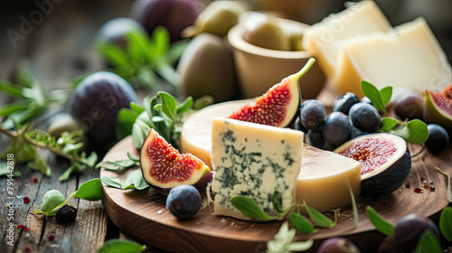 Cheese and figs, grapes on a wooden table, an olive branch. Sunlight in an olive orchard. Food and nature. Europe and Mediterranean cuisine. 