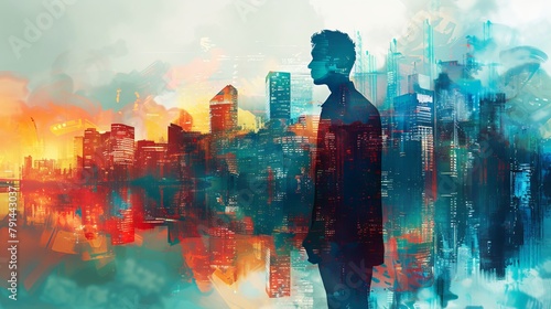 Abstract portrayal of a leader's silhouette superimposed on a dynamic city skyline, emphasizing leadership in technological and business advancements photo
