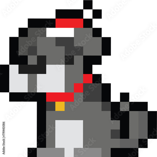 Pixel art cartoon cute dog character with christmas hat 