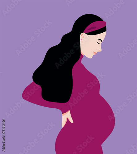 Vector illustration of the third trimester of pregnancy. Illustration of a pregnant girl in flat style. Gender party concept. Preparing for a child. Mothers Day. 