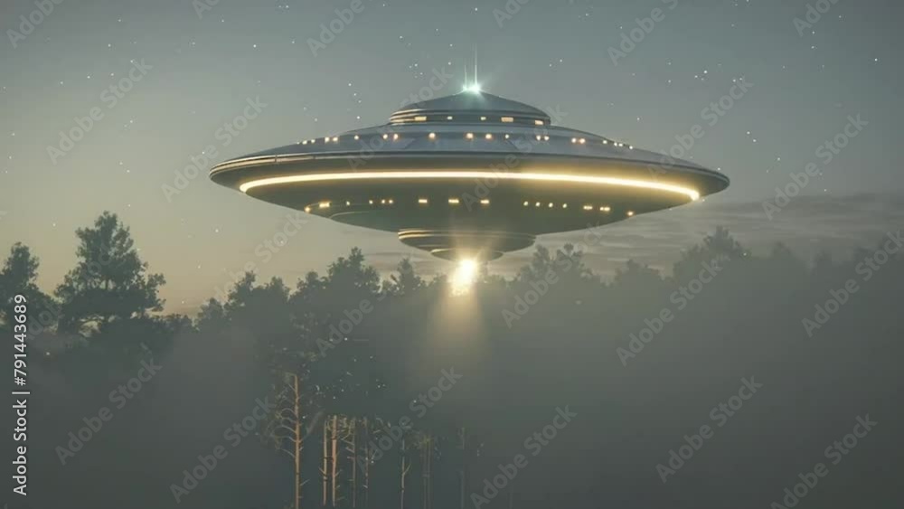 A flying saucer with lights over a forest A flying saucer with lights over a forest