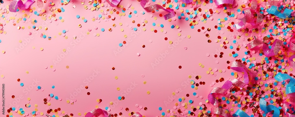 Celebratory pink background with colorful confetti and streamers.