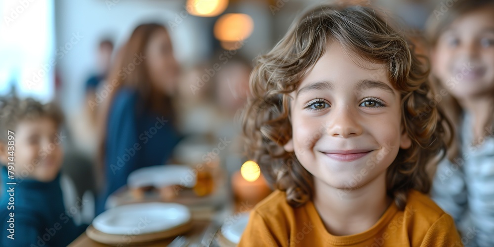 Happy child at a celebration with family blurred in background. Happy child at a celebration with family blurred in background.