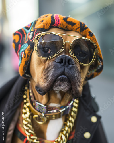 A fashionable Boxer dog posing as a stylish model, dressed classy, chic and elegant