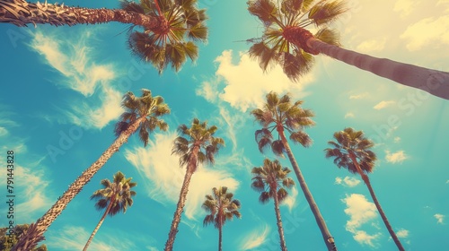 Stylized and vintage-toned palm trees against a blue sky, depicting tropical coastal scenery, ideal for summer themes photo