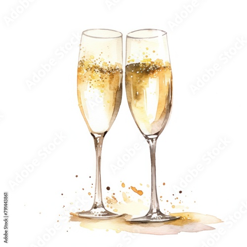 clinking champagne glasses watercolor on white background