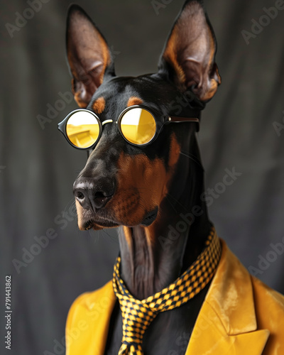 A fashionable Doberman dog posing as a stylish model, dressed classy, chic and elegant