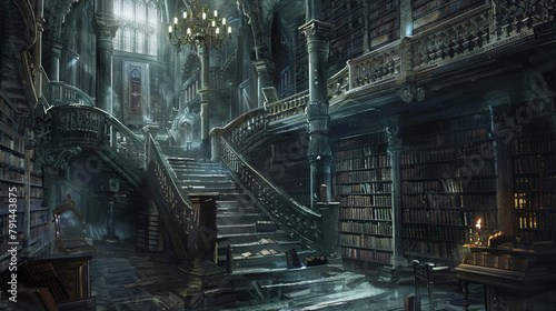 Dark fantasy library stairs in gloomy cathedral design