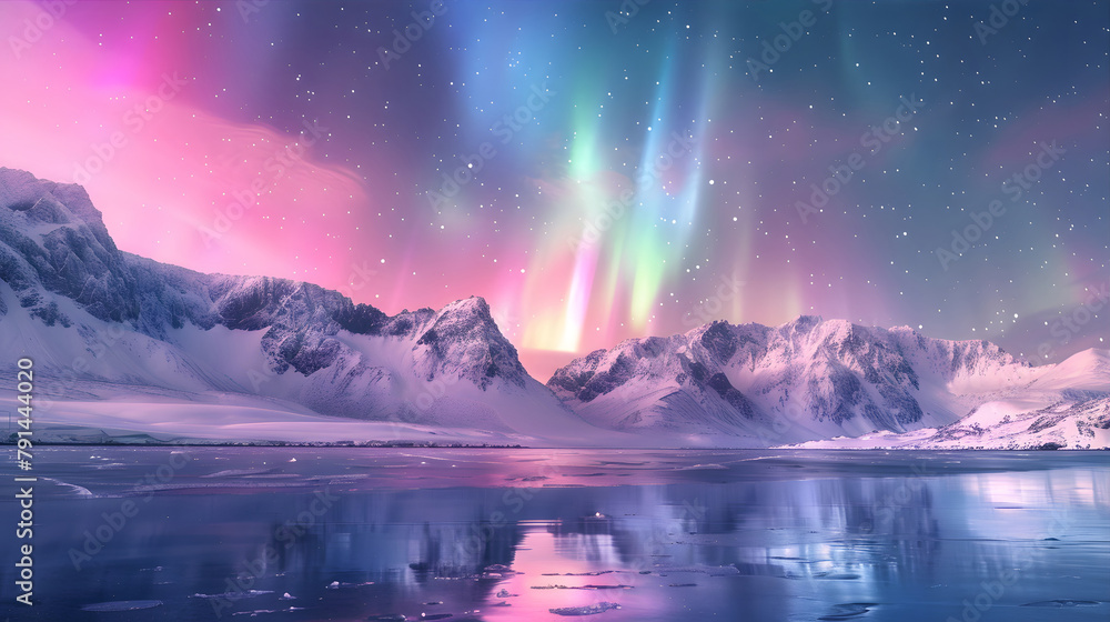 Magnificent mountain peaks background illuminated by the colorful Northern Lights on a quiet night Magnificent mountain peaks background illuminated by the colorful Northern Lights on a quiet night
