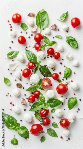 Various types of food items  such as fruits  vegetables  bread  and cheese  arranged on a white tabletop