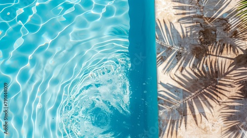 Top-down view of a swimming pool background, with a water ring and the shadow of a palm on travertine stone