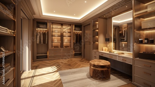 A chic and stylish dressing room with custom built-in closets and vanity area, featuring ample storage and elegant mirrors for primping and preparing in style, photo