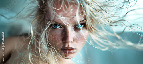 Pale scandinavian woman face with blue eyes close up. Generative ai design concept.