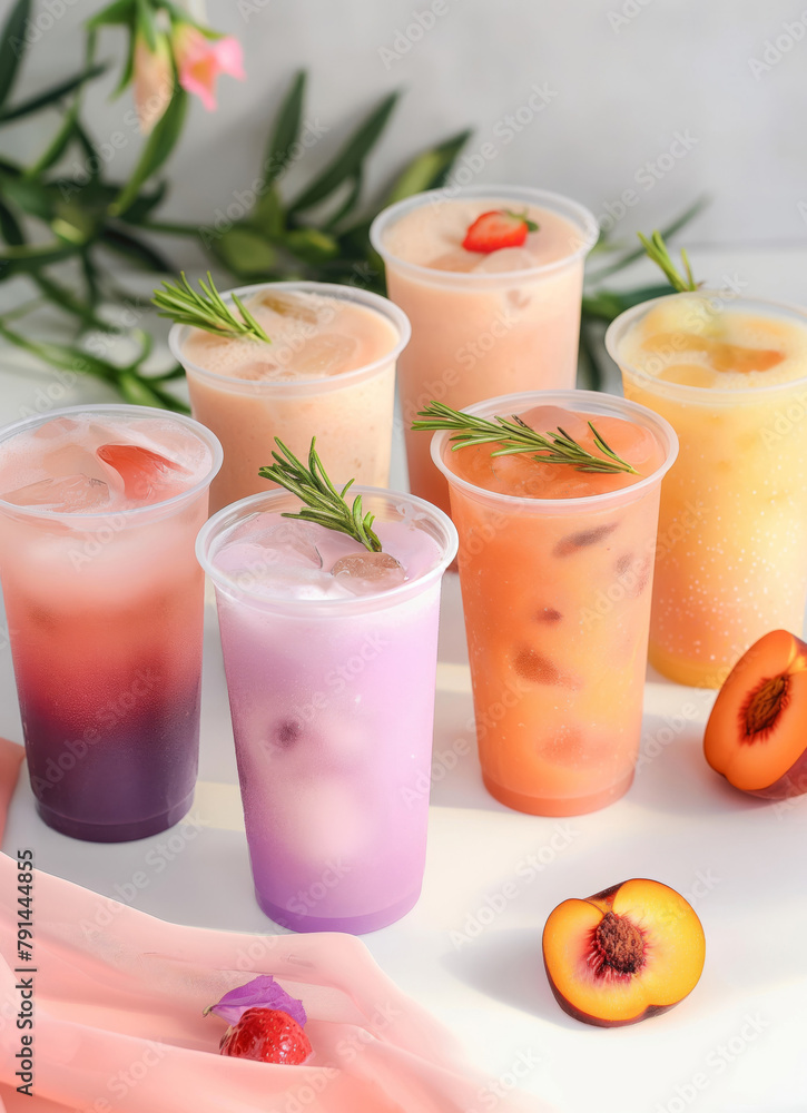 Assorted fruit bubble teas in modern setting Assorted fruit bubble teas in modern setting
