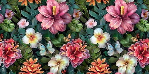 Floral seamless pattern. Tropical flowers bouquets, plumeria, protea, hibiscus, glasswinged butterflies, exotic leaves, fresh foliage. Hand-drawn vintage 3D illustration. Generative AI photo