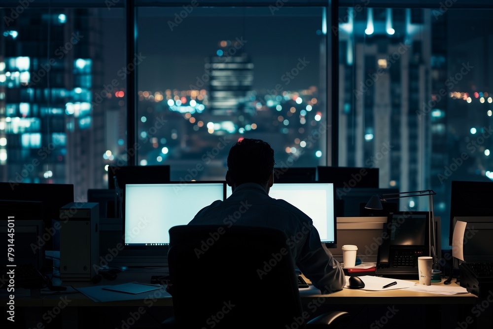 The back view of an office worker, working late at night. Generative AI The back view of an office worker, working late at night. Generative AI
