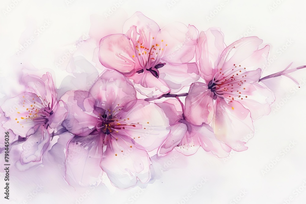 Elegant watercolor painting of delicate cherry blossoms with soft pink petals, isolated on a pristine white background, gentle brush strokes visible