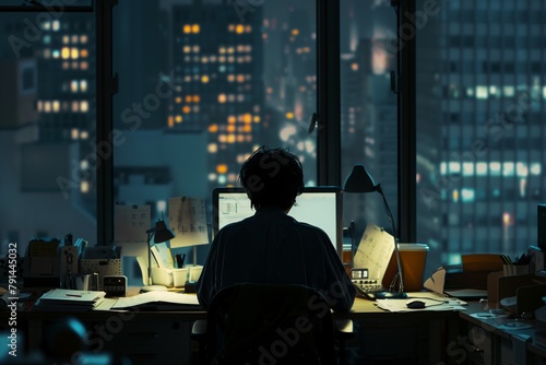 The back view of an office worker, working late at night. Generative AI