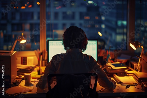 The back view of an office worker, working late at night. Generative AI