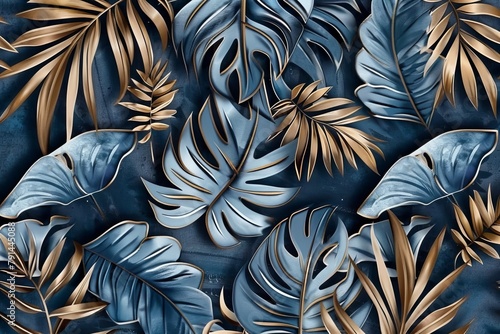 Blue vintage tropical leaves in seamless border design. Premium wallpaper  luxury silver grey background  texture  mural art. 3d dark watercolor floral illustration. Golden  beige  Generative AI