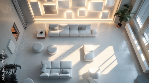 A Top View Of A Modern Minimalist Living Room Aesthetic Interior Design.