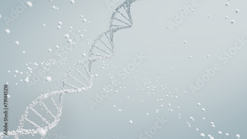 3D rendering of a DNA molecule in white with particles against a light background, scientific purity and genetic analysis.