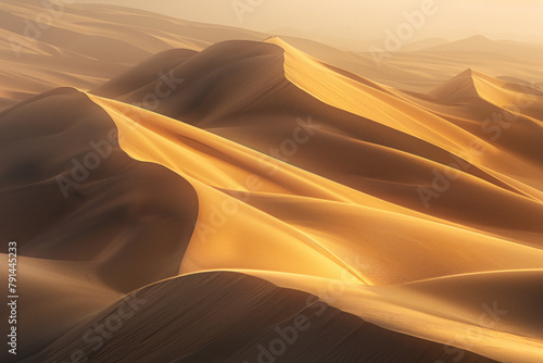 The undulating curves of desert sand dunes at dusk, with soft golden light casting long shadows © grey
