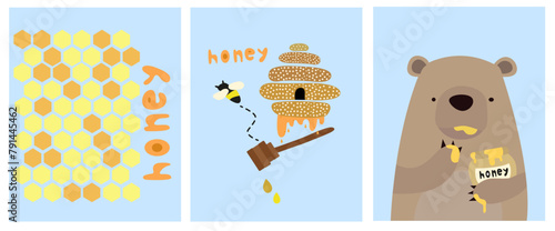 Set of sweet honey vector illustration, World bee day. A bear with wings and paws stained with honey, bees, honeycombs and beehive, flat vector illustration