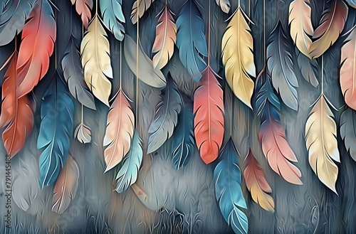 Seamless pattern hanging fall feathers for the living wall. 3D abstraction interior mural wallpaper for wall art leonardo, Generative AI