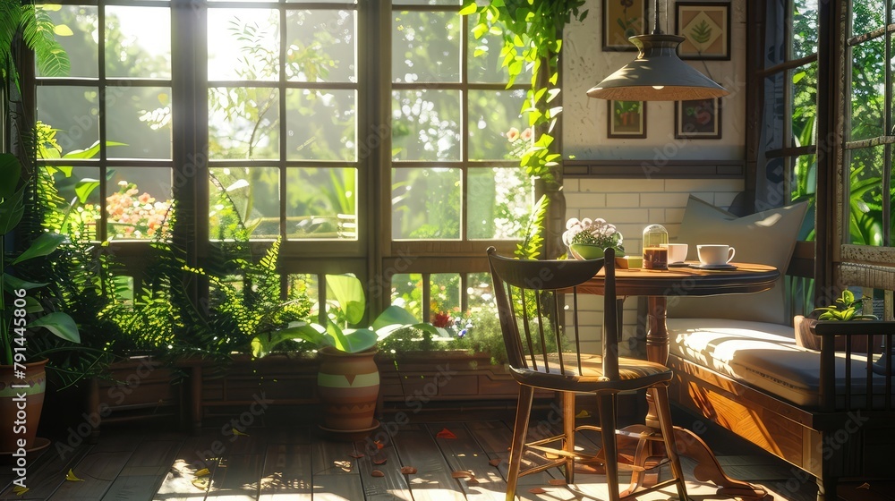 A charming breakfast nook bathed in morning sunlight, with a cozy banquette and bistro-style table set against a backdrop of windows overlooking a tranquil garden, offering a perfect spot 