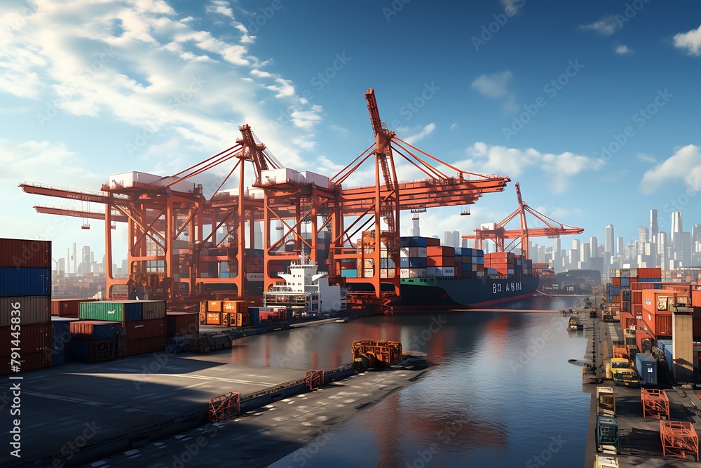 Fototapeta premium Container Cargo freight ship with working crane bridge at sunset for Logistic Import Export background.