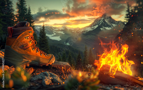 AI generated illustration of hiking boots near a campfire with a sunset backdrop photo