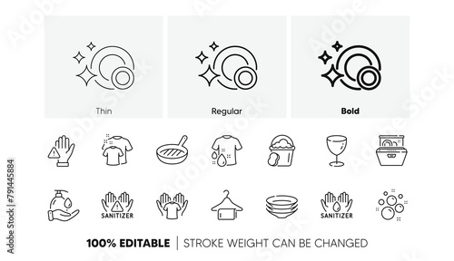 Hold t-shirt, Wash t-shirt and Clean bubbles line icons. Pack of Grill pan, Glass, Dishes icon. Wash hands, Clean towel, Hand sanitizer pictogram. Dishwasher, Sponge, Dont touch. Laundry shirt. Vector
