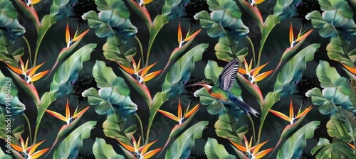 strelitzia flowers seamless pattern tropical background luxury wallpaper exotic green leaves hummingbird watercolor dark vintage 3d illustration premium mural tapestry cloth printing, Generative AI photo