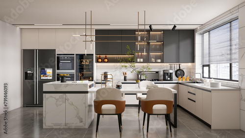 3d rendering modern kitchen fully parametric manufacturable with opened shelf cabinets photo