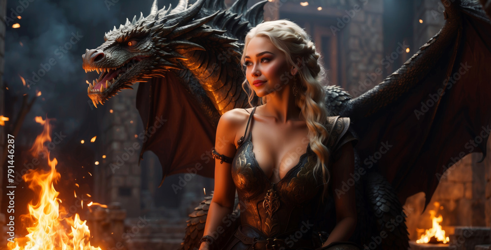 Fototapeta premium A blonde beauty with her dragons in the background