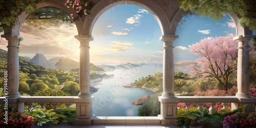 3d mural wallpaper Beautiful view of landscape background, garden in the Baron style Stone arches overlooking the river, Generative AI photo