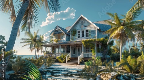 A charming coastal cottage with weathered clapboard siding and a wrap-around porch, nestled amidst swaying palm trees and sandy shores,  photo