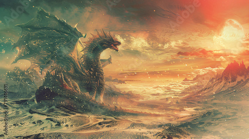 Depiction of an incredible surreal fantasy deadly dragon 