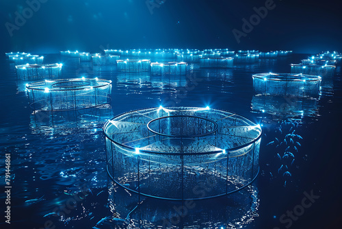 A bustling fish farm with rows of tanks teeming with aquatic life, showcasing aquaculture in action amidst a thriving ecosystem